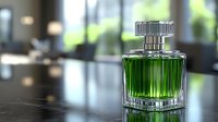 Luxury green cologne bottle with silver cap on reflective surface in modern interior setting for fragrance and beauty advertising.