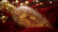 Magical glowing bottle with golden glitter sparkles on dark red velvet background with bokeh lights, creating mystical festive atmosphere.
