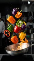 Colorful bell peppers flying above a flaming wok in a professional kitchen, with chefs in the background capturing dynamic cooking energy.
