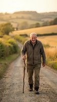 Senior Caucasian man walking with wooden cane on rural country road during golden hour sunset, healthy active aging lifestyle in countryside landscape.