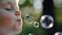Young child blowing soap bubbles in sunlight against green bokeh background, capturing innocent playful moment with iridescent spheres floating in air.