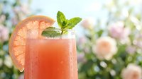 Refreshing grapefruit cocktail with mint garnish in a tall glass, set against a soft floral background for summer drink menus.