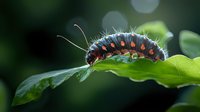 Striking macro shot of black and orange caterpillar with spiky hairs crawling on green leaf against blurred natural background, showing intricate details and patterns.
