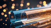 Glass test tubes with golden glitter against blurred bokeh lights background, creating luxurious scientific atmosphere for laboratory research.