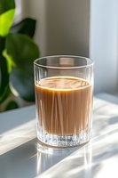 Glass of creamy coffee drink with milk on white table in morning sunlight with natural shadows and green plant leaves in background.