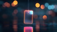 Glowing neon smartphone outline floating against dark background with colorful bokeh lights and reflection on glossy surface. Modern technology concept.