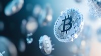 Cryptocurrency bitcoin coins with frost crystals floating in blue digital space, representing blockchain technology and digital currency investment opportunities.