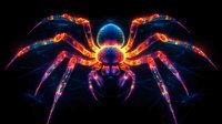 Neon glowing spider with vibrant electric blue and orange light effects on black background. Digital art concept for gaming, horror themes, and futuristic designs.