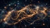 Digital network visualization with glowing golden light trails and interconnected nodes on dark background, representing data flow and technology.