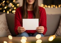 Young woman in red sweater holding blank white card with festive bokeh lights in background, perfect for holiday greeting or announcement.