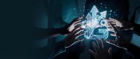 Business team hands protecting glowing house hologram with digital network connections representing real estate technology and property investment security.