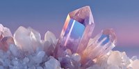 Iridescent crystal quartz formation with pink and purple hues against a twilight sky background, showcasing natural mineral growth and geological formations.