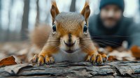 Curious red squirrel with bright eyes looking directly at camera in close-up view while resting on tree bark, autumn leaves scattered around, blurred person in background.