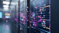 Futuristic data center visualization with glowing pink network connections and analytics graphs floating over server racks in dark environment. Modern technology concept.