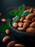Fresh raw almonds in dark ceramic bowl with green mint leaves on black background, moody food photography with natural lighting and selective focus.