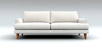 Modern white fabric sofa with wooden legs on light background, minimalist scandinavian style furniture piece for contemporary living room interior design.