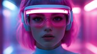 Young woman with pink hair wearing futuristic protective glasses and headphones in neon purple lighting, cyberpunk style portrait with modern technology aesthetic.