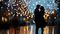 Silhouette of romantic couple embracing against blurred bokeh lights background, reflecting on wet surface creating magical evening atmosphere.