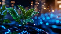 Young green plant growing from computer keyboard with water drops and bokeh lights in dark blue background, symbolizing technology and nature harmony.