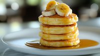 Stack of fluffy golden pancakes topped with fresh banana slices and drizzled with maple syrup on white plate, close-up view with soft background blur.