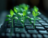 Young green sprouts growing between black computer keyboard keys, symbolizing digital transformation and environmental technology advancement.