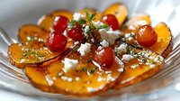 Roasted golden beets with cherry tomatoes and crumbled feta cheese garnished with fresh herbs on glass plate, close up view of gourmet appetizer.