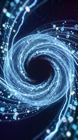 Glowing blue digital vortex with swirling light trails and data particles flowing into dark center, representing technology, innovation, and digital transformation concepts.