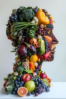 Creative profile silhouette made from fresh vegetables, fruits, berries, nuts, and legumes arranged in human head shape on white background.