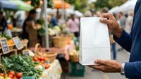 Mature male vendor holding blank white paper bag at outdoor farmers market with fresh produce and shoppers in background.