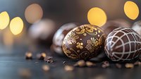 Artisanal chocolate Easter eggs decorated with gold floral patterns and geometric designs on dark surface with bokeh lights and cocoa nibs scattered around.