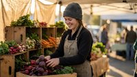 Young blonde woman vendor in apron and knit hat arranging fresh purple vegetables at outdoor farmers market stall with wooden crates and organic produce.
