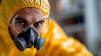 Close-up portrait of male scientist in yellow hazmat suit and respirator mask looking at camera with intense focused expression during safety procedure.