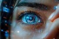 Close-up of female eye with digital technology overlay, glowing blue cybernetic visualization, futuristic biometric scanning concept with HUD interface elements.