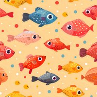 Playful fish pattern with colorful spotted characters swimming on peach background. Seamless repeat design for fabric, wallpaper, and children's products.