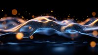 Glowing abstract wave pattern with luminous particles and bokeh effects on dark background creates futuristic digital art visualization for technology designs.