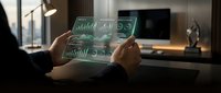 Professional businessman analyzing financial data on transparent digital tablet with holographic charts and graphs in modern office environment.