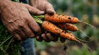 Elderly hands holding fresh organic carrots with soil from garden harvest showcasing sustainable farming and healthy homegrown vegetables.