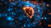 Glowing orange shield symbol on dark background with blue bokeh particles and digital network connections, representing cybersecurity and data protection.