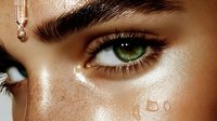 Close up macro shot of bright green eye with long eyelashes, natural freckles and glowing bronzed skin with water drops on cheek showing fresh dewy makeup look.