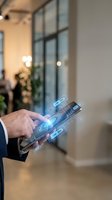 Businessman using smartphone with holographic digital interface icons in modern office environment for technology and business communication concepts.