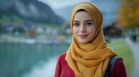 Young woman wearing yellow hijab and burgundy sweater smiling outdoors near mountain lake with autumn scenery in background, representing diversity and modern lifestyle.