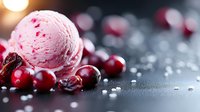 Pink cranberry ice cream scoop with fresh berries and salt crystals on dark background, selective focus with bokeh light effect for food photography.