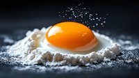 Raw egg yolk nestled in flour dusting on dark background with dramatic lighting, macro food photography showing texture and ingredients for baking and cooking.