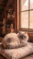 Fluffy long-haired cat with blue eyes resting on floral cushion by vintage window in rustic wooden interior with antique decorations and warm sunlight.