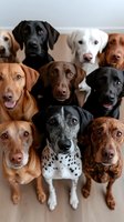 Group portrait of different colored Labrador Retrievers and mixed breed dogs sitting together, looking up at camera on wooden floor. Perfect for pet services.