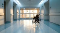 Empty wheelchair in modern hospital corridor with bright lighting and clean floors for healthcare and medical facility concepts.