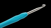 Crochet hook with teal ergonomic handle and silver metal tip, isolated on transparent background. Ready for crafting clipart, stickers, t-shirt design, and print on demand use.