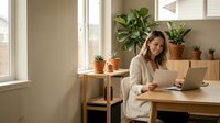 Young woman working on laptop at wooden desk in bright home office with green plants by window creating productive workspace atmosphere.