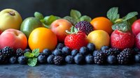 Fresh colorful fruits arranged in line with blackberries, blueberries, strawberries, oranges, lemons and mint leaves on dark background, macro food photography.