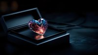Glowing crystal heart in pink and blue colors rests in elegant black gift box against dark background, creating romantic luxury atmosphere.